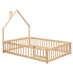 English Elm Full House-Shaped Headboard Floor Bed With Playful Fence, Natural Pine Wood, Perfect For Kids W504119482