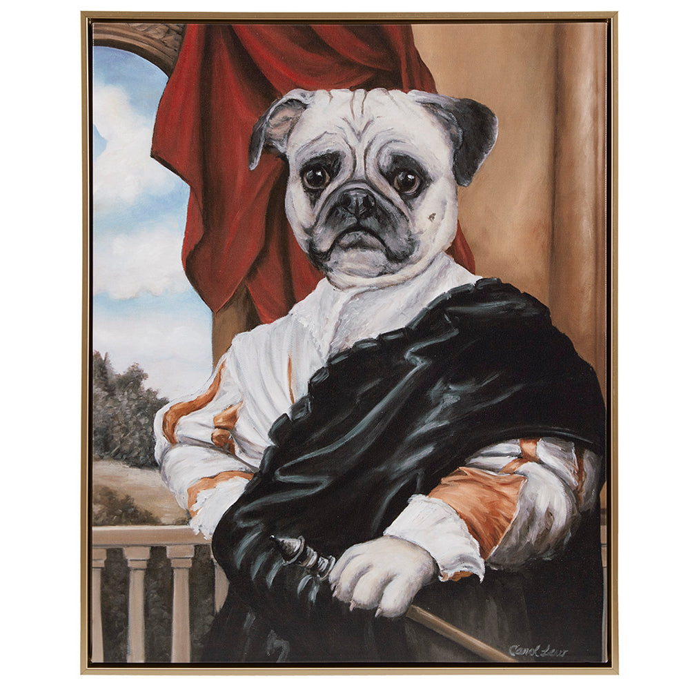 English Elm Captain's Guard Pug regal framed canvas wall art in gold frame, imperial toga portrait for living rooms B035129236