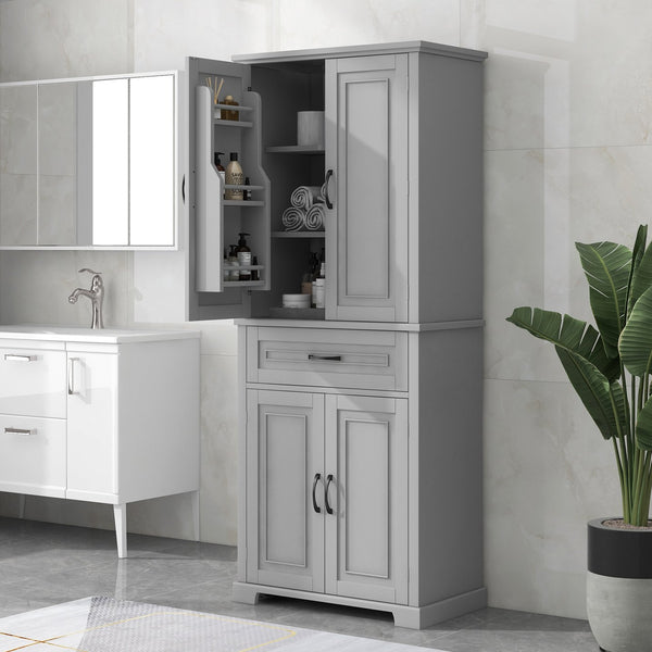 English Elm Bathroom Tall Storage Cabinet with Doors and Drawer, Adjustable Shelf, Anti-Tip Safety, MDF Finish Grey N725P210330E