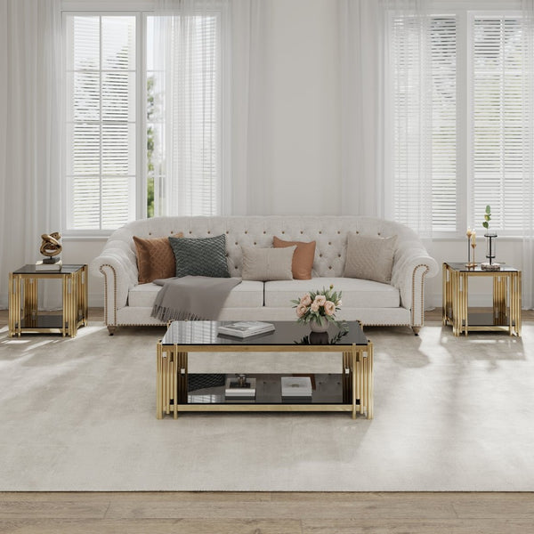 English Elm Woker Two-tier Rectangular Coffee Table Black Tempered Glass Gold Steel Frame W1567S00012
