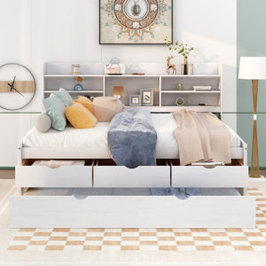 English Elm Full Full Size Wooden Captain Bed with Bookcase Headboard, Three Drawers and Pull-Out Trundle Storage White GX001029AAK