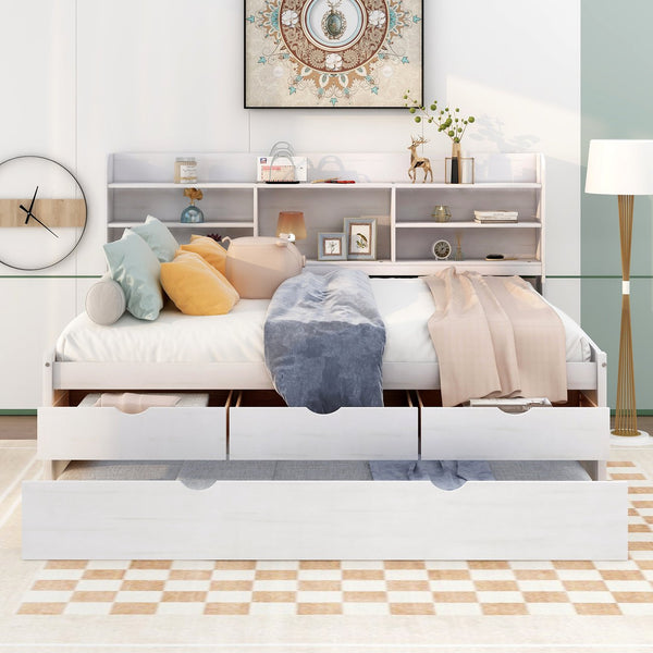 English Elm Full Full Size Wooden Captain Bed with Bookcase Headboard, Three Drawers and Pull-Out Trundle Storage White GX001029AAK