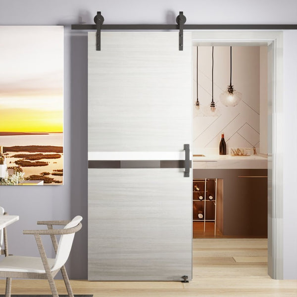 English Elm Crazy Elf Triple Primed Barn Door Slab with Sliding Hardware Kit for Modern Interiors W936S00011