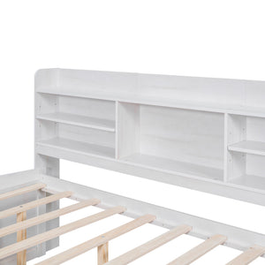 English Elm Full Full Size Wooden Captain Bed with Bookcase Headboard, Three Drawers and Pull-Out Trundle Storage White GX001029AAK