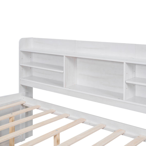 English Elm Full Full Size Wooden Captain Bed with Bookcase Headboard, Three Drawers and Pull-Out Trundle Storage White GX001029AAK