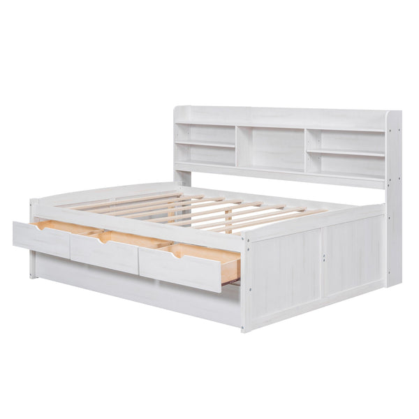 English Elm Full Full Size Wooden Captain Bed with Bookcase Headboard, Three Drawers and Pull-Out Trundle Storage White GX001029AAK