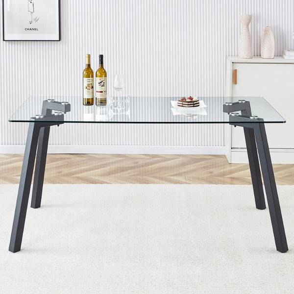 English Elm Modern Tempered Glass Rectangular Dining Table with Matte Black Legs Seats Six W1151S00607