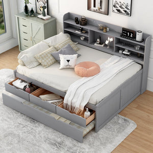 English Elm Full Full Size Wooden Captain Bed with Bookcase Headboard, Three Drawers and Pull-Out Trundle Storage LIGHT GREY GX001029AAE