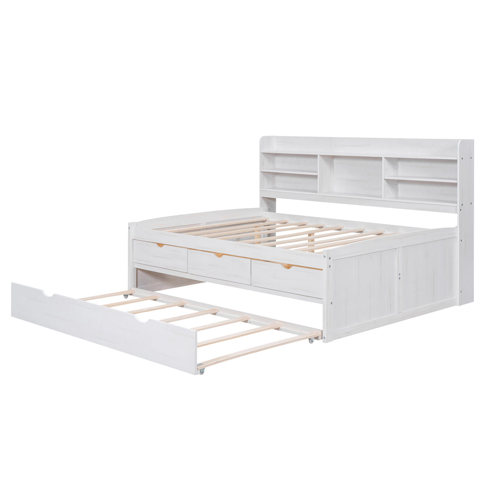English Elm Full Full Size Wooden Captain Bed with Bookcase Headboard, Three Drawers and Pull-Out Trundle Storage White GX001029AAK