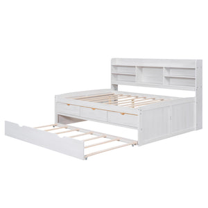 English Elm Full Full Size Wooden Captain Bed with Bookcase Headboard, Three Drawers and Pull-Out Trundle Storage White GX001029AAK