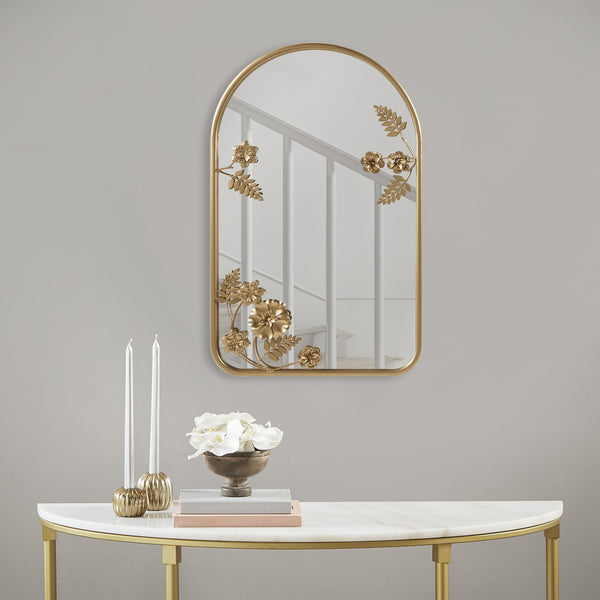 English Elm Arched Gold Metal Floral Wall Mirror 25.75"H — Decorative Iron Leaf Frame, Lightweight 8 lb Accent Piece B035129256