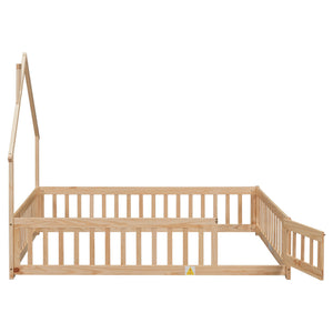 English Elm Full House-Shaped Headboard Floor Bed With Playful Fence, Natural Pine Wood, Perfect For Kids W504119482