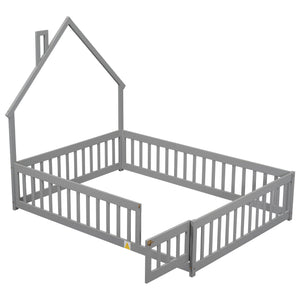 English Elm Full House-Shaped Headboard Floor Bed With Fence - Cozy, Safe Design In Grey For Kids' Rooms W504119480