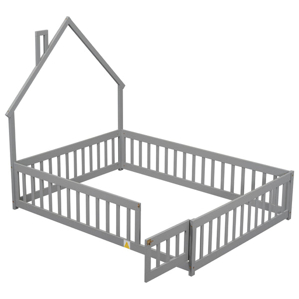 English Elm Full House-Shaped Headboard Floor Bed With Fence - Cozy, Safe Design In Grey For Kids' Rooms W504119480