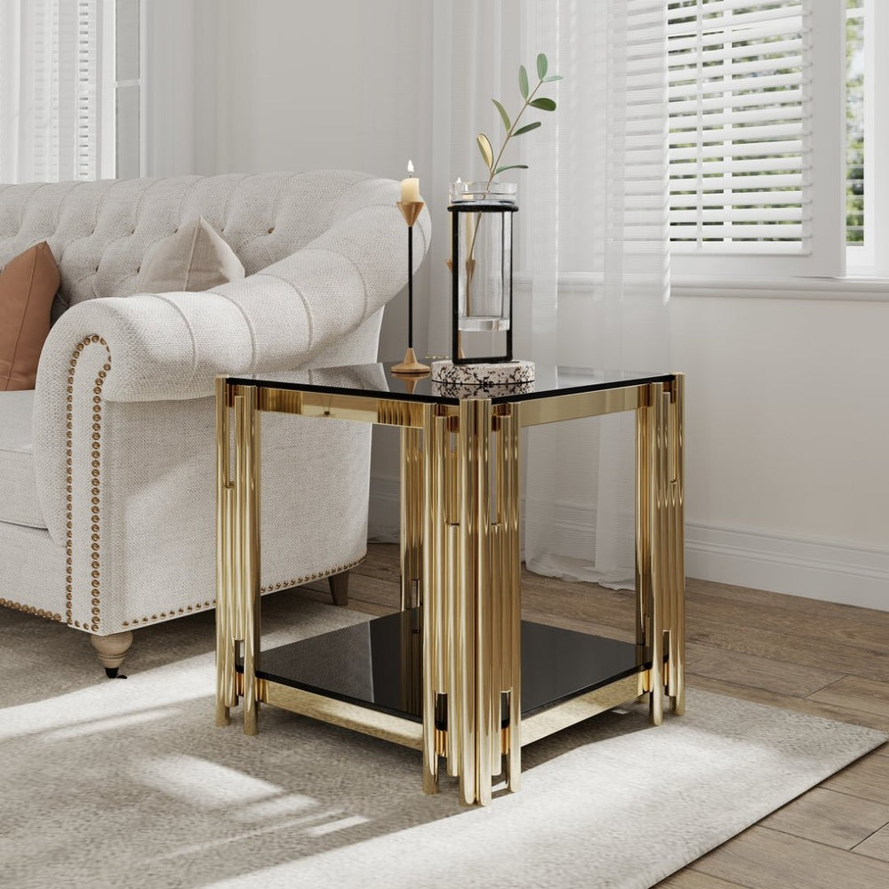 English Elm Woker Two Tier Square End Table Black Tempered Glass Polished Gold Steel Frame W1567134339