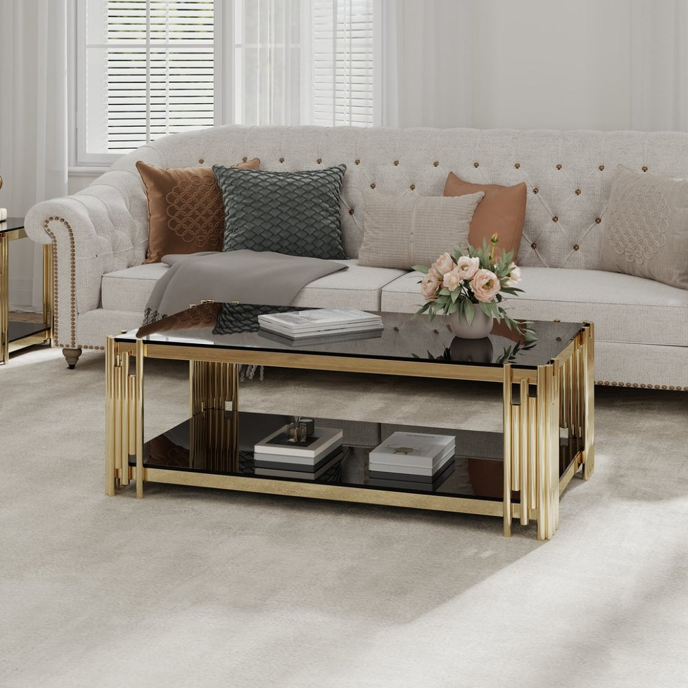 English Elm Woker Two-tier Rectangular Coffee Table Black Tempered Glass Gold Steel Frame W1567S00012