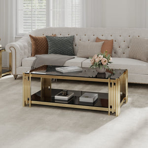 English Elm Woker Two-tier Rectangular Coffee Table Black Tempered Glass Gold Steel Frame W1567S00012