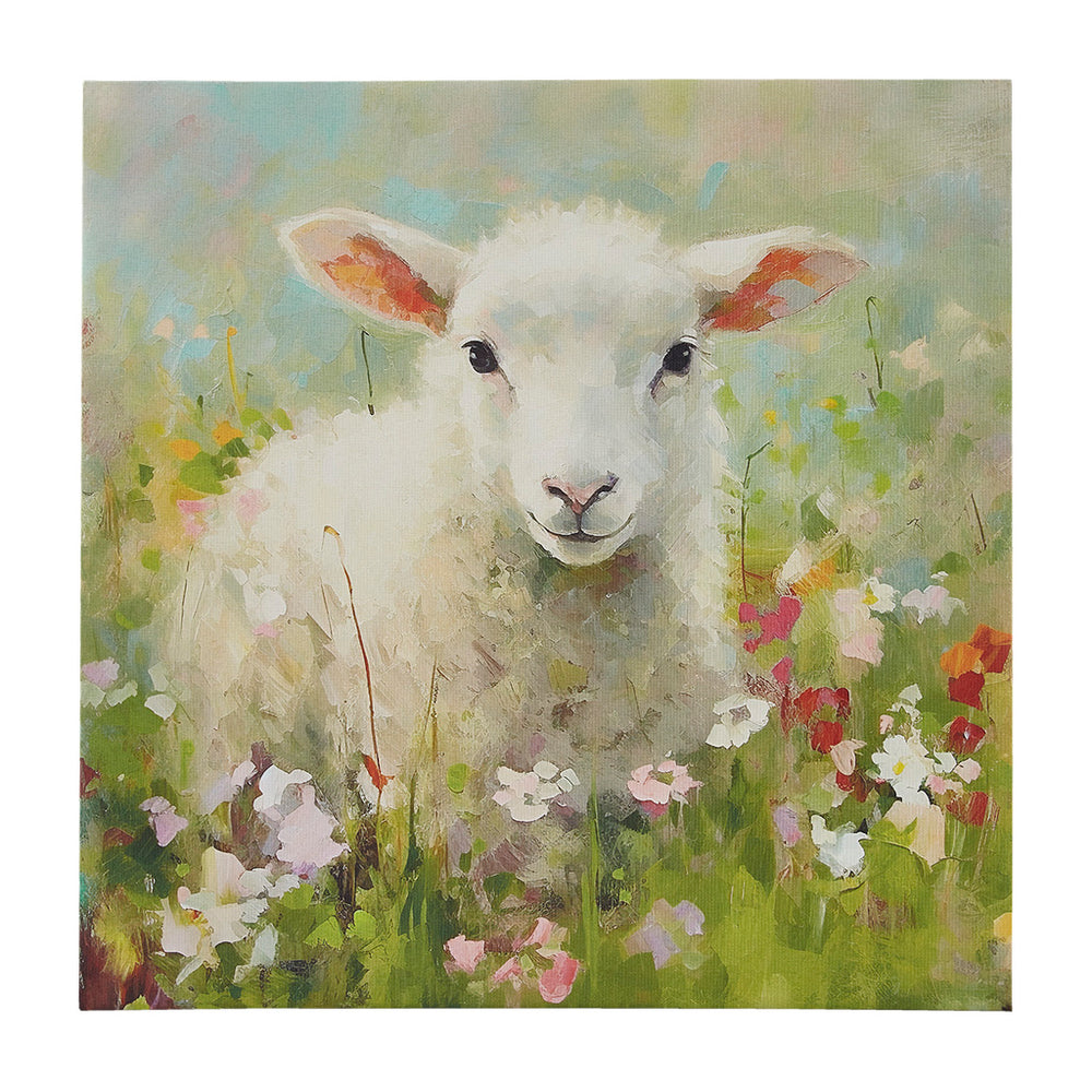 English Elm Lamb Charming Canvas Wall Art by Tessa Kane 16x16" – Floral Field Nursery Decor with Prehung Hanger, Indoor Serenity B035129244