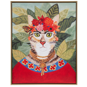 English Elm Bohemian Cat Portrait Wall Art 16.5x20.5 Framed Canvas with Floral Headdress, Gold Embossed Frame, D-Ring Hanging B035129234