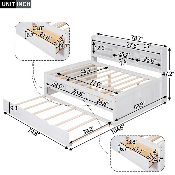 English Elm Full Full Size Wooden Captain Bed with Bookcase Headboard, Three Drawers and Pull-Out Trundle Storage White GX001029AAK