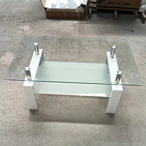 English Elm Tempered Glass Two Tier Coffee Table with Metal Legs for Modern Living Rooms W1718120236