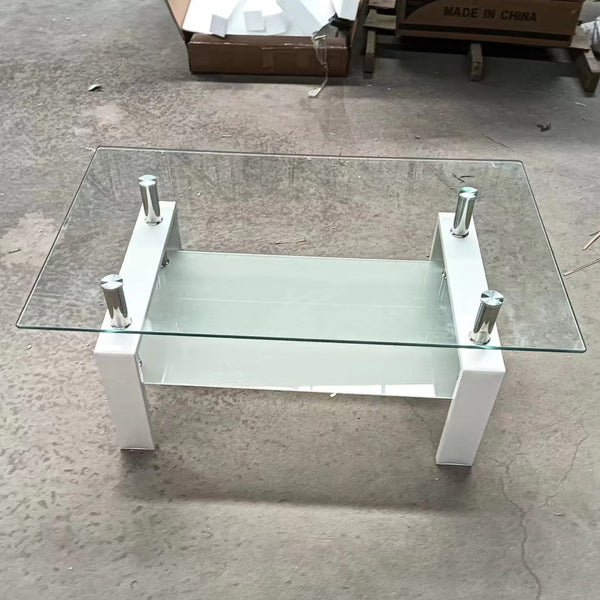 English Elm Tempered Glass Two Tier Coffee Table with Metal Legs for Modern Living Rooms W1718120236