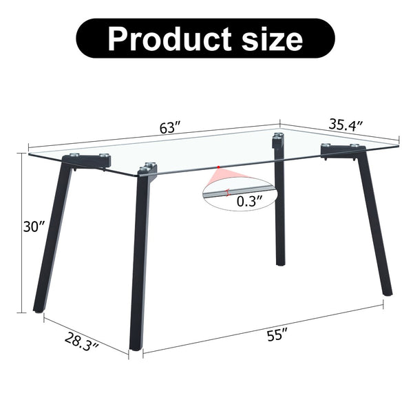 English Elm Modern Tempered Glass Rectangular Dining Table with Matte Black Legs Seats Six W1151S00607