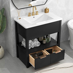 English Elm 30" Bathroom Vanity With Sink Top, Bathroom Cabinet With Open Storage Shelf and Two Drawers, One Package, Black (Old Sku:Wf311619Aap)