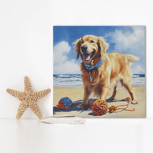 English Elm Golden Retriever Beach Canvas Wall Art by Tessa Kane — Playful Sunshine Dog Decor, 16x16, Easy Hang Decor B035129231