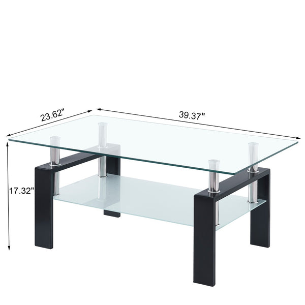 English Elm Tempered Glass Two-tier Coffee Table with Metal Legs for Modern Living Rooms W1718128637
