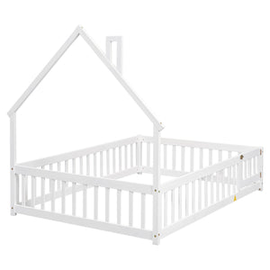 English Elm Full House-Shaped Floor Bed With Fence Guardrails - Cozy White Pine Frame For Imaginative Sleep Spaces W504119481