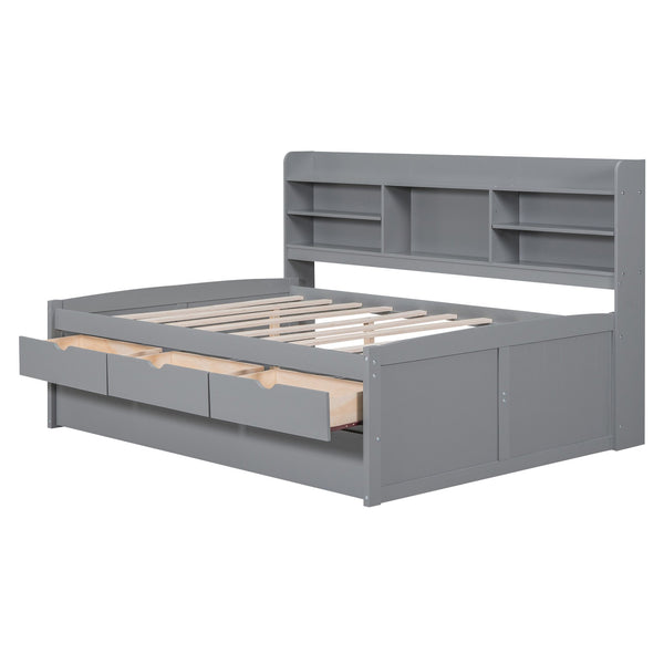 English Elm Full Full Size Wooden Captain Bed with Bookcase Headboard, Three Drawers and Pull-Out Trundle Storage LIGHT GREY GX001029AAE