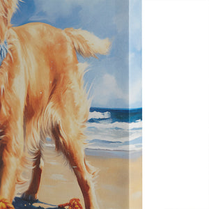 English Elm Golden Retriever Beach Canvas Wall Art by Tessa Kane — Playful Sunshine Dog Decor, 16x16, Easy Hang Decor B035129231