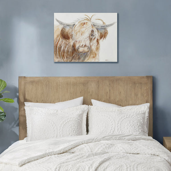 English Elm Hand Hand-Embellished Windswept Highland Bull Canvas Wall Art 26x20 Rustic Farmhouse Focal Piece B035129227