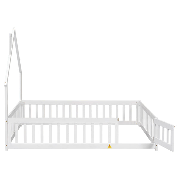 English Elm Full House-Shaped Floor Bed With Fence Guardrails - Cozy White Pine Frame For Imaginative Sleep Spaces W504119481