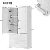 English Elm Tall Bathroom Storage Cabinet, Cabinet With Two Doors and Drawers, Adjustable Shelf, Mdf Board, White