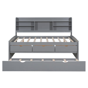 English Elm Full Full Size Wooden Captain Bed with Bookcase Headboard, Three Drawers and Pull-Out Trundle Storage LIGHT GREY GX001029AAE