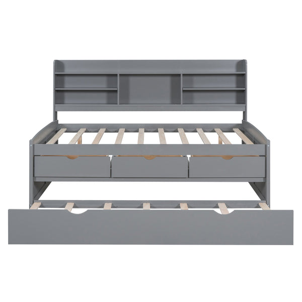 English Elm Full Full Size Wooden Captain Bed with Bookcase Headboard, Three Drawers and Pull-Out Trundle Storage LIGHT GREY GX001029AAE