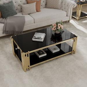 English Elm Woker Two-tier Rectangular Coffee Table Black Tempered Glass Gold Steel Frame W1567S00012