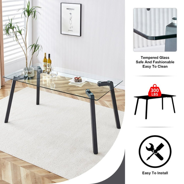 English Elm Modern Tempered Glass Rectangular Dining Table with Matte Black Legs Seats Six W1151S00607