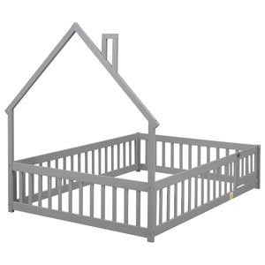 English Elm Full House-Shaped Headboard Floor Bed With Fence - Cozy, Safe Design In Grey For Kids' Rooms W504119480