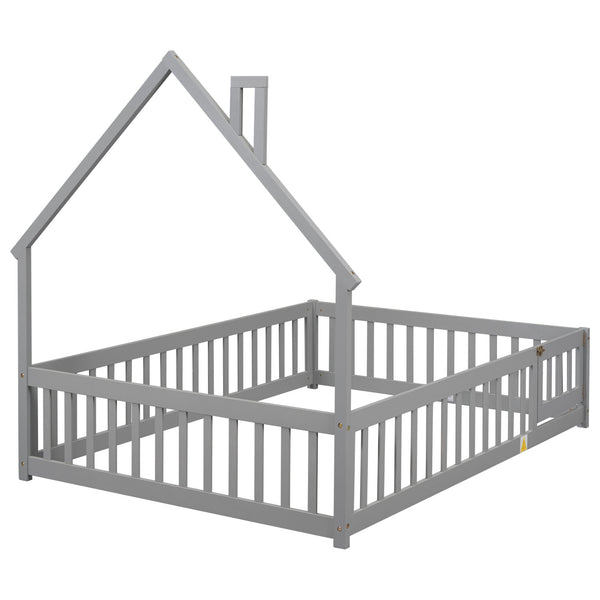 English Elm Full House-Shaped Headboard Floor Bed With Fence - Cozy, Safe Design In Grey For Kids' Rooms W504119480