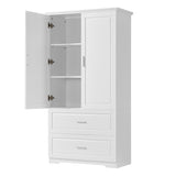 English Elm Tall Bathroom Storage Cabinet, Cabinet With Two Doors and Drawers, Adjustable Shelf, Mdf Board, White