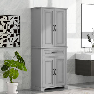 English Elm Bathroom Tall Storage Cabinet with Doors and Drawer, Adjustable Shelf, Anti-Tip Safety, MDF Finish Grey N725P210330E