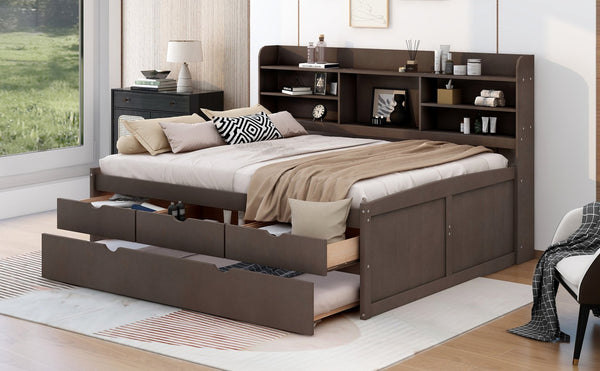 English Elm Full Full Size Wooden Captain Bed with Bookcase Headboard, Three Drawers and Pull-Out Trundle Storage Antique brown GX001029AAA