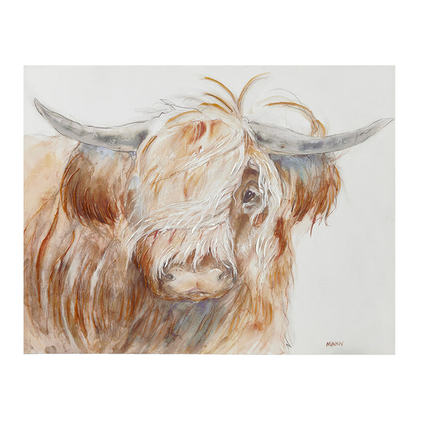 English Elm Hand Hand-Embellished Windswept Highland Bull Canvas Wall Art 26x20 Rustic Farmhouse Focal Piece B035129227
