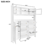 English Elm Multifunctional Tipping Bucket Shoe Cabinet With Storage Shelf & 6 Flip Drawers, Large Hall Tree With Tempered Glass Doors, Foyer Cabinet With 4 Hooks For Hallway, White