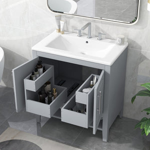 English Elm 30" Bathroom Vanity With Sink, Multi-Functional Bathroom Cabinet With Doors and Drawers, Solid Frame and Mdf Board, Grey