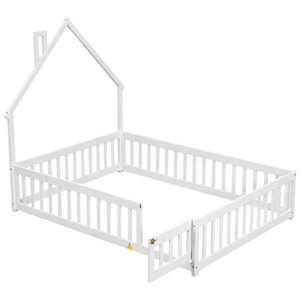 English Elm Full House-Shaped Floor Bed With Fence Guardrails - Cozy White Pine Frame For Imaginative Sleep Spaces W504119481