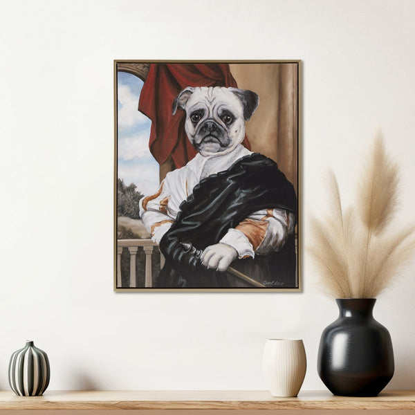 English Elm Captain's Guard Pug regal framed canvas wall art in gold frame, imperial toga portrait for living rooms B035129236